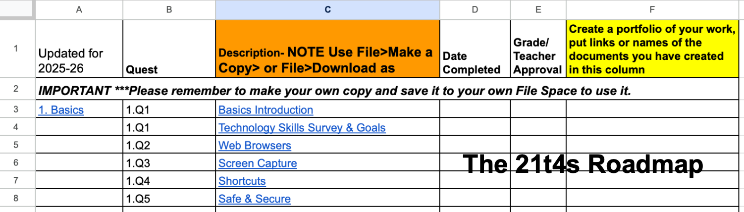 Screenshot of the Roadmap spreadsheet showing columns for the Thing, Quest number and name. Can be used as a check off sheet.