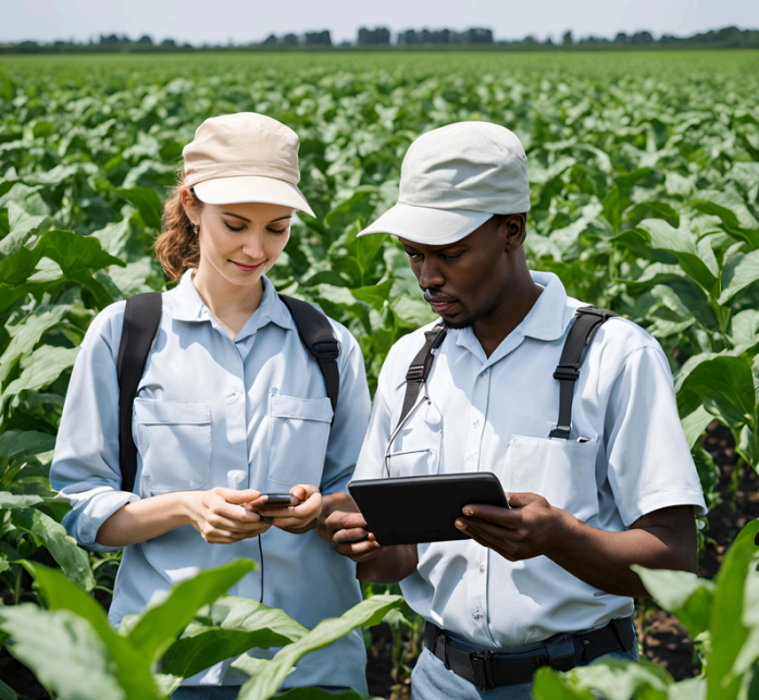 two agricultural inspectors in the fields with data collection devices.  AI generated by Canva.