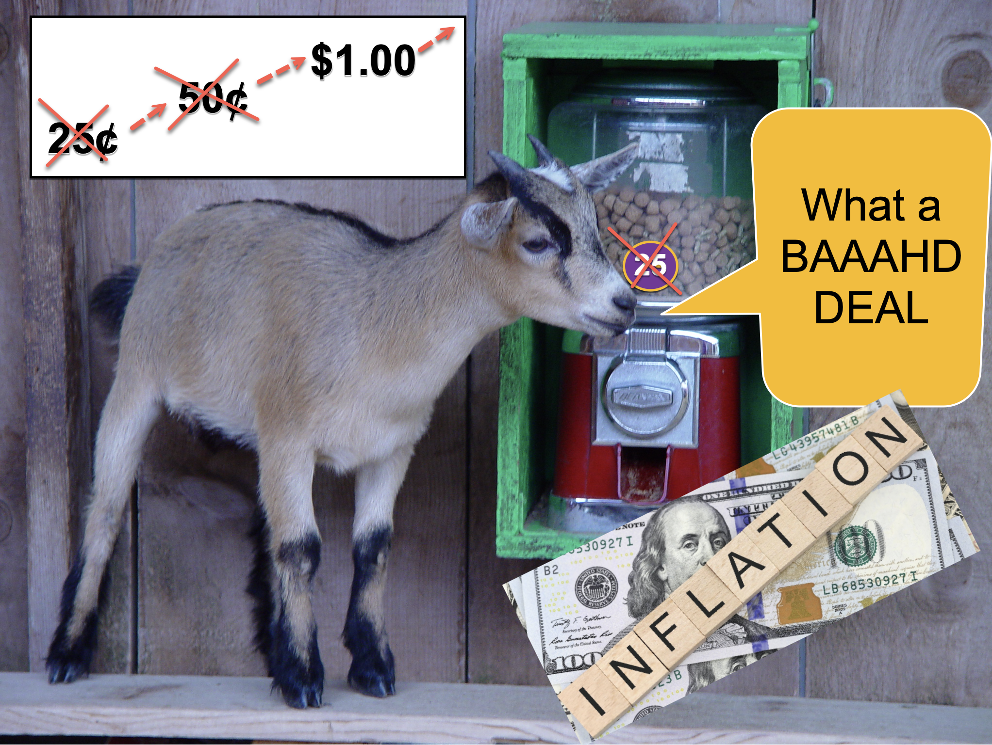 Image of a goat at a food dispenser with the price being inflated from 25¢ to $1.00 called a BAAAHD DEAL Meme
