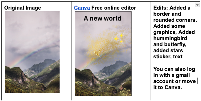 Screenshot of edits made to the mountain image with Canva