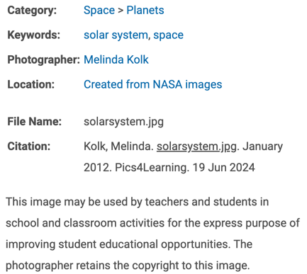 Screenshot of Pics4Learning Citation for an image of the solar system