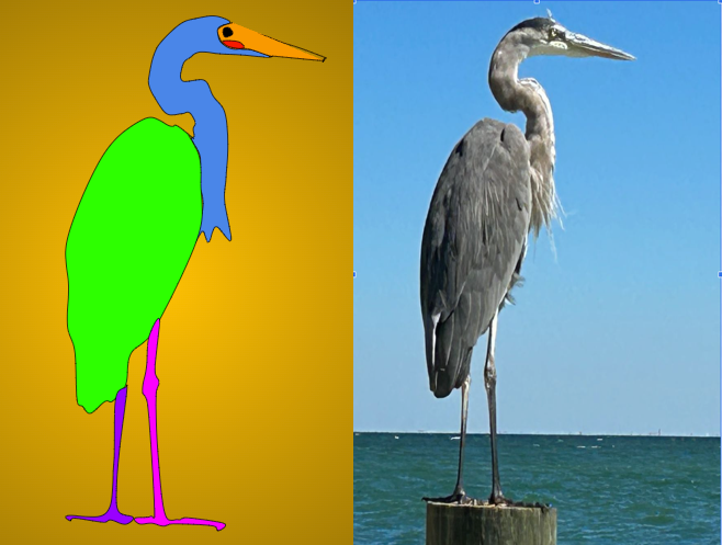 Photo of a heron and a popart version of it.