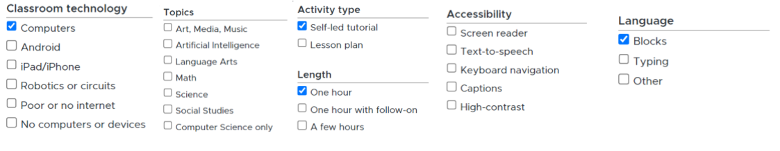 Image shows what each filter field in the hour of code website looks like