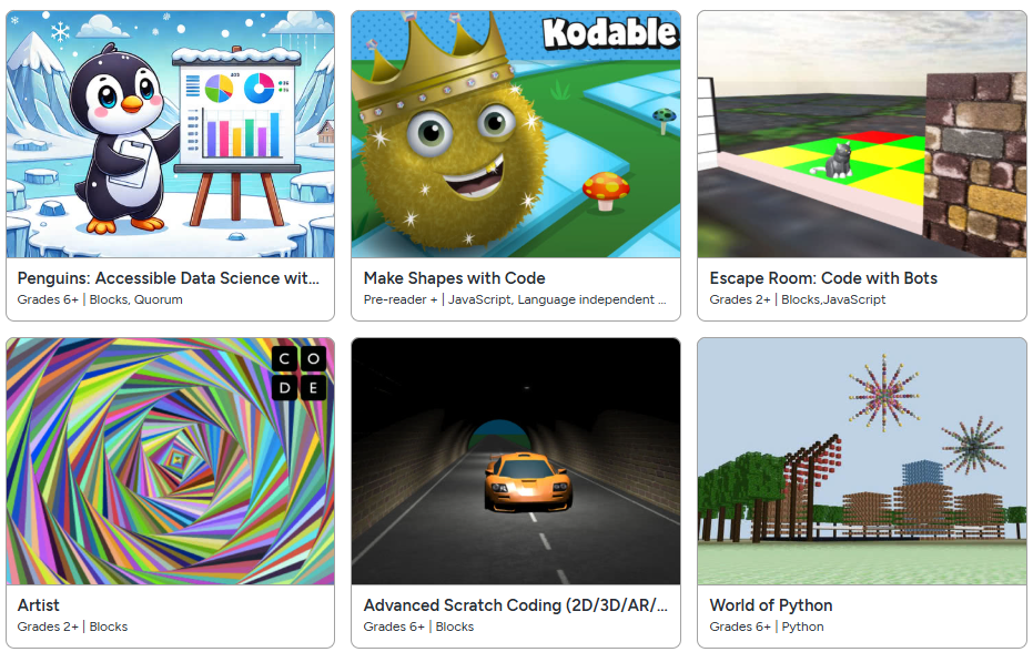 Six images that shows examples of Hour of Code activities