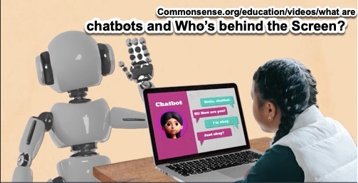 Screenshot of the a robot waving at a girl looking at a laptop where she is chatting online with the chatbot.