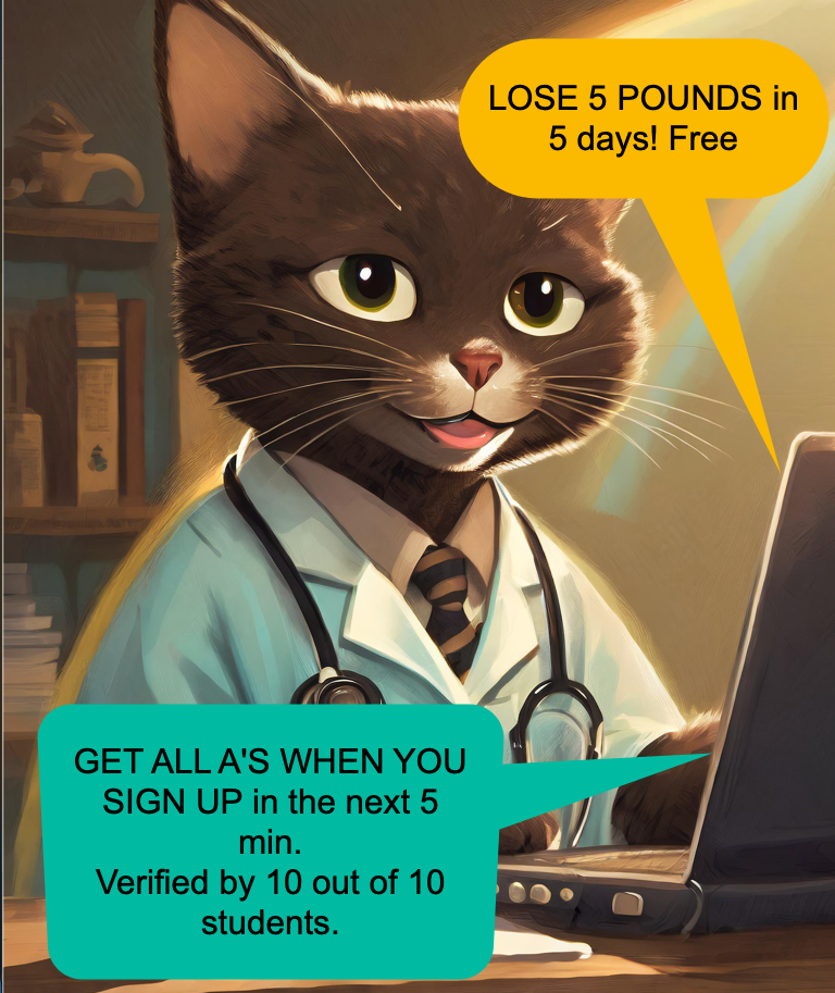 Cat in white lab coat at a laptop advertising sign up to lose 5 pounds.