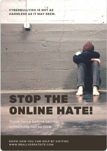 Stop the online hate - think before saying something not nice poster of sad boy from Canva.com Template