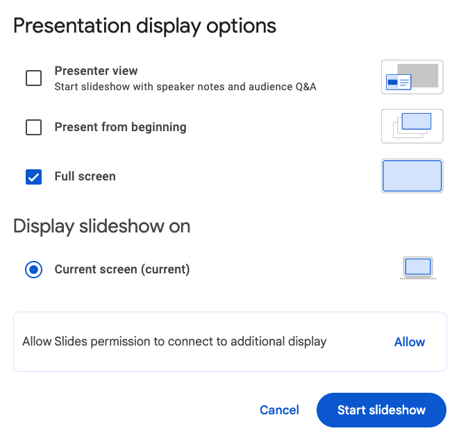 Screenshot of the Presentation display Options menu