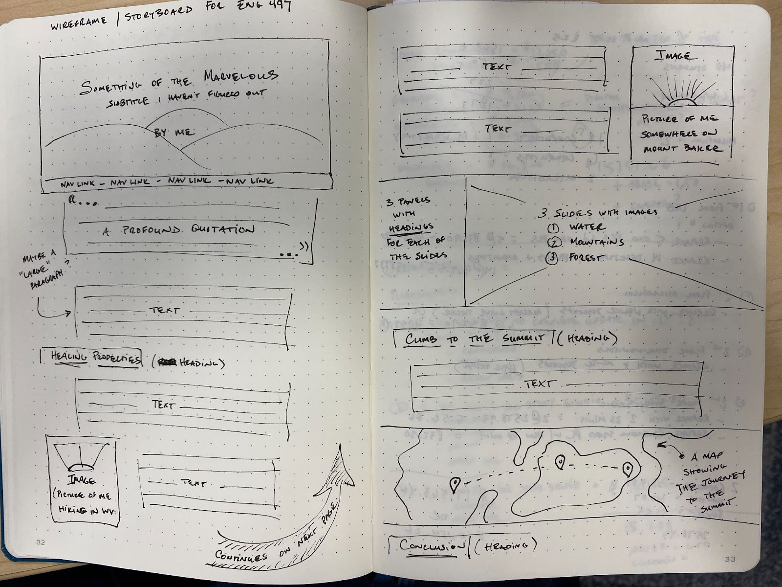 Picture of a hand-drawn storyboard set of boxes on pages of a book.