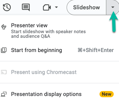 Screenshot of the Presenter Slideshow menu with Start from beginning or a new feature Presentation display options