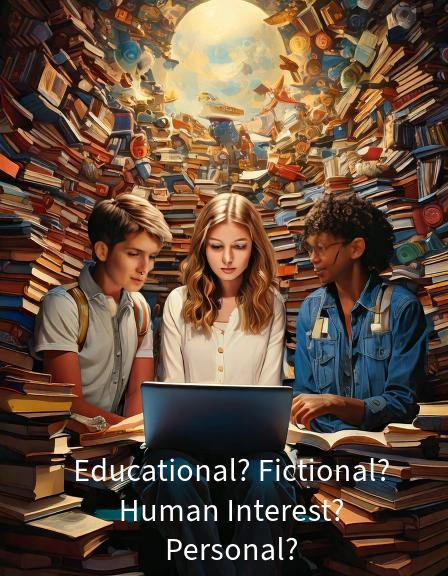 Image created with Adobe Firefly of three teens looking art a computer surrounded by books with text: Educational? Fictional? Human Interest? Personal?