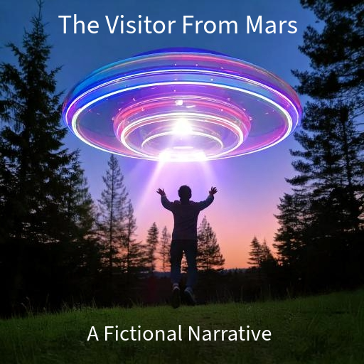 A glowing Flying saucer over a forest and a boy with hands raised, text a fictional narrative titled The visitor from Mars