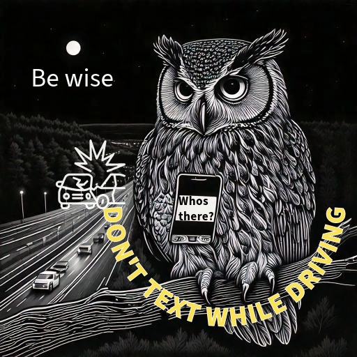 Be Wise Don't Text While Driving with image of an owl holding a cell phone while looking over the highway with cars.